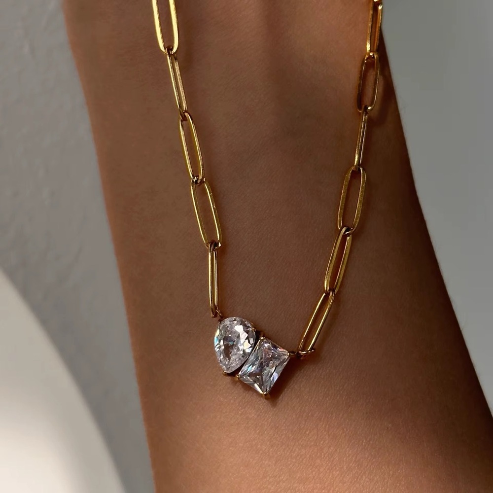 18K Gold Plated Heart and Square Cubic Zirconia Necklace - Picture 2 of 11